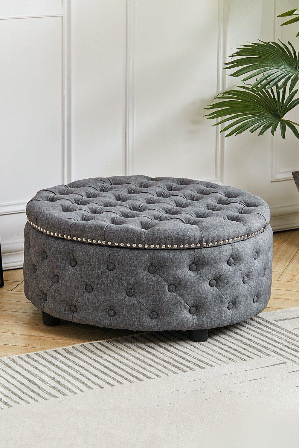Round Linen Deep Buttoned Footstool with Studded Edge